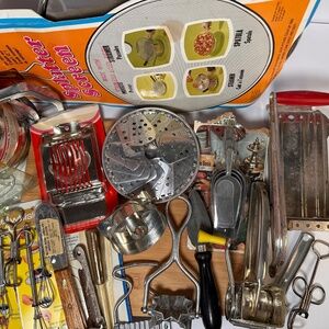 Vintage Kitchen Tool Lot - As Seen on TV Splatter Screen + Retro Utensils Bundle